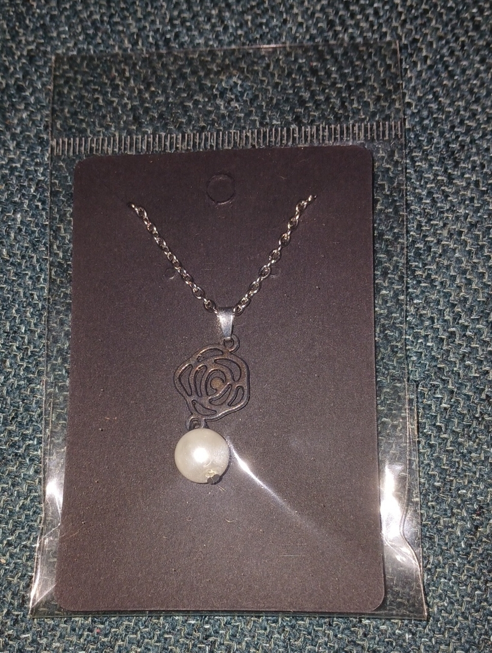 Silver Rose Pendant Necklace with White Pearl Accent